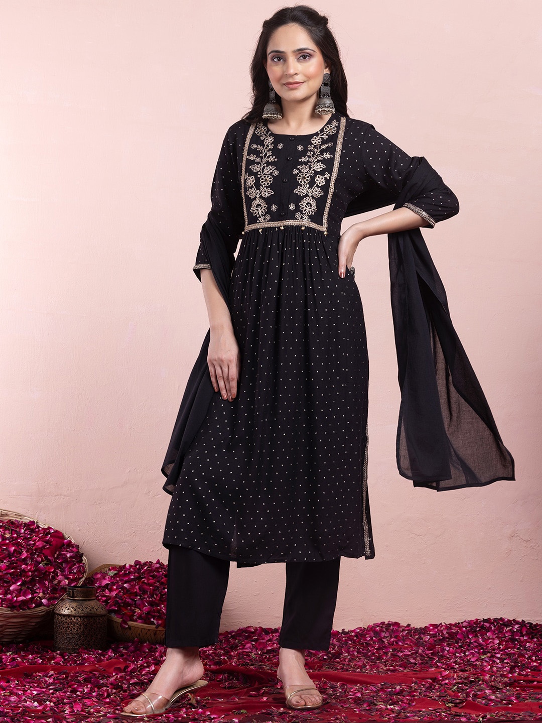 

INDYA Printed A-line Kurta With Trouser & Dupatta, Black