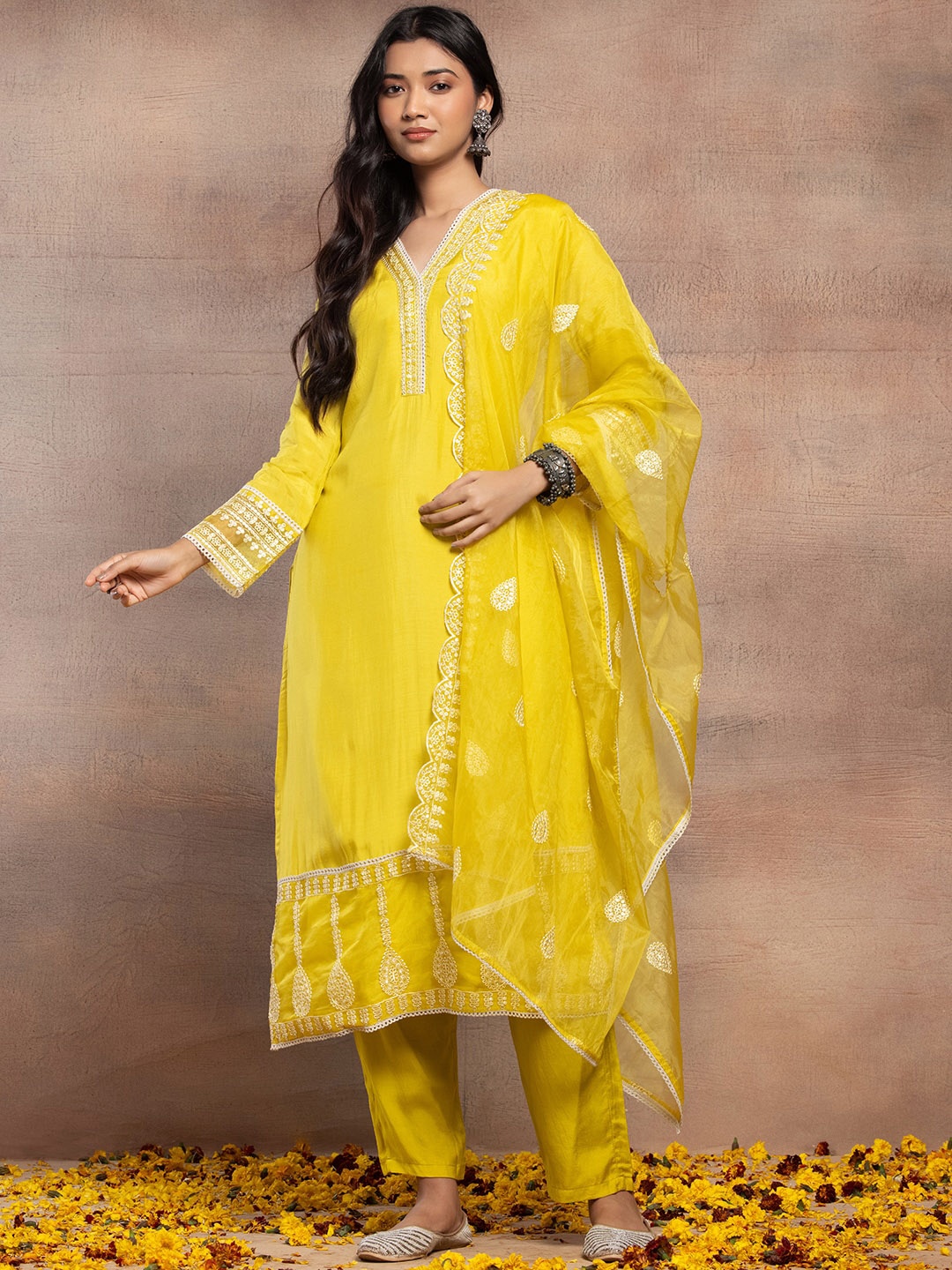 INDYA Embroidered Kurta With Trouser & Dupatta, Yellow