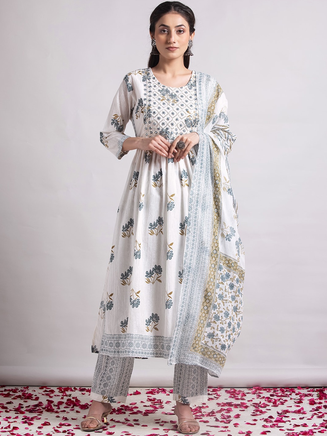 

INDYA Printed Pure Cotton Kurta With Trouser & Dupatta, Grey