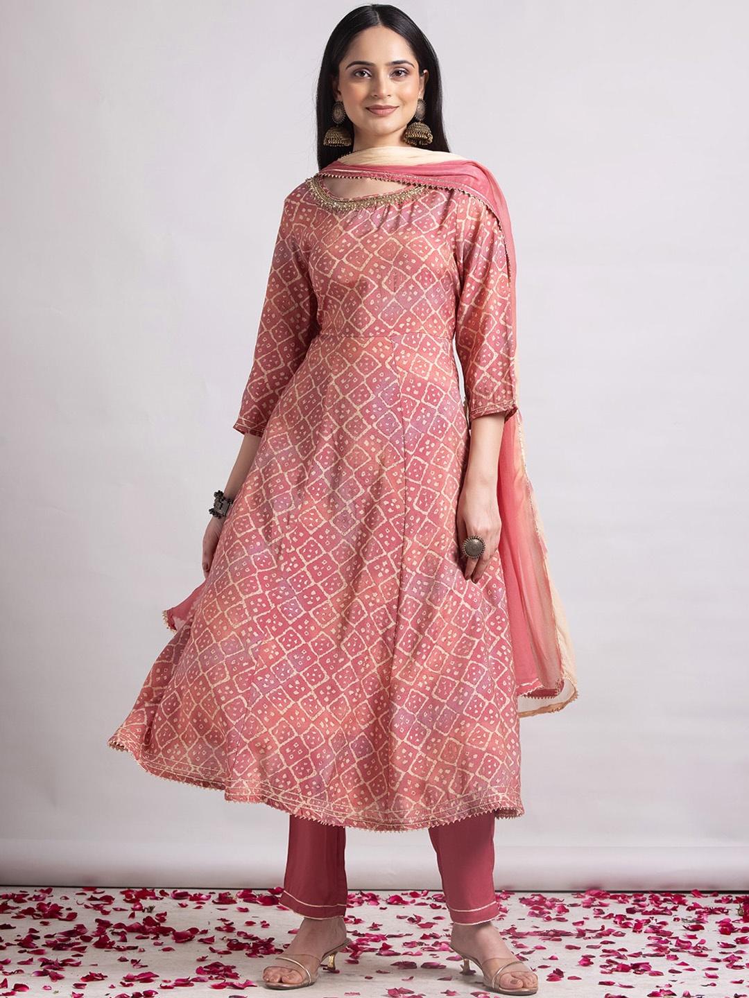 

INDYA Printed Pure Cotton Kurta With Trouser & Dupatta, Pink