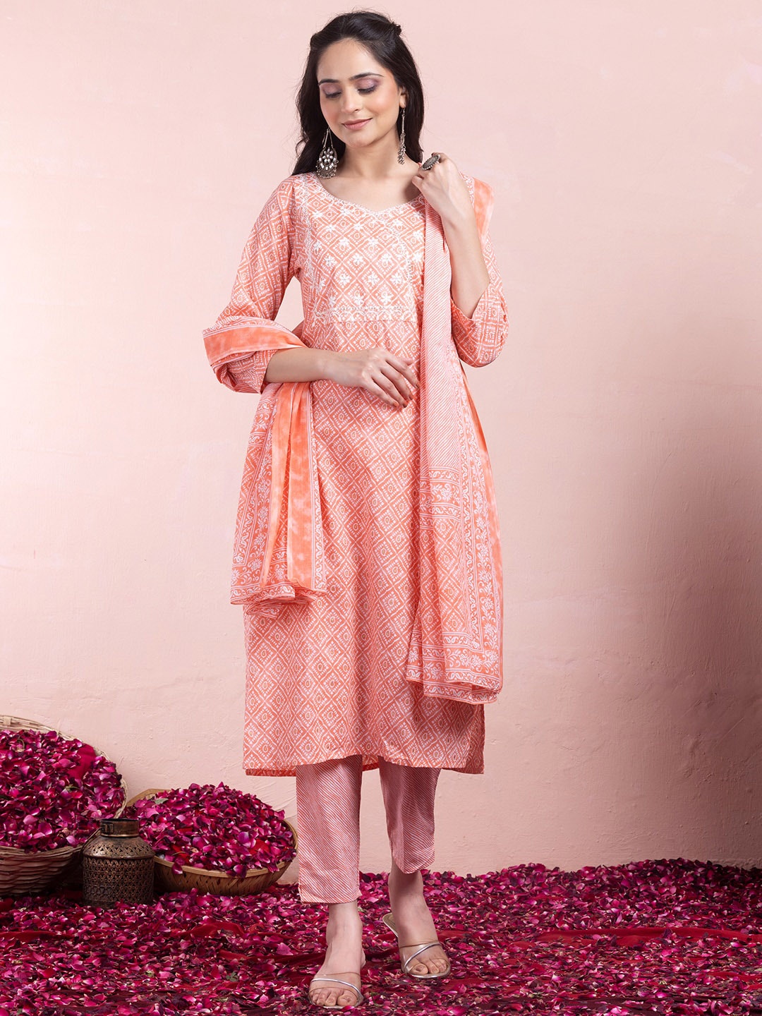 

INDYA Printed Pure Cotton Kurta With Trouser & Dupatta, Peach