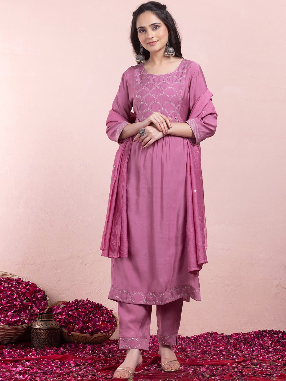 

INDYA Embroidered Kurta With Trouser & Dupatta, Pink
