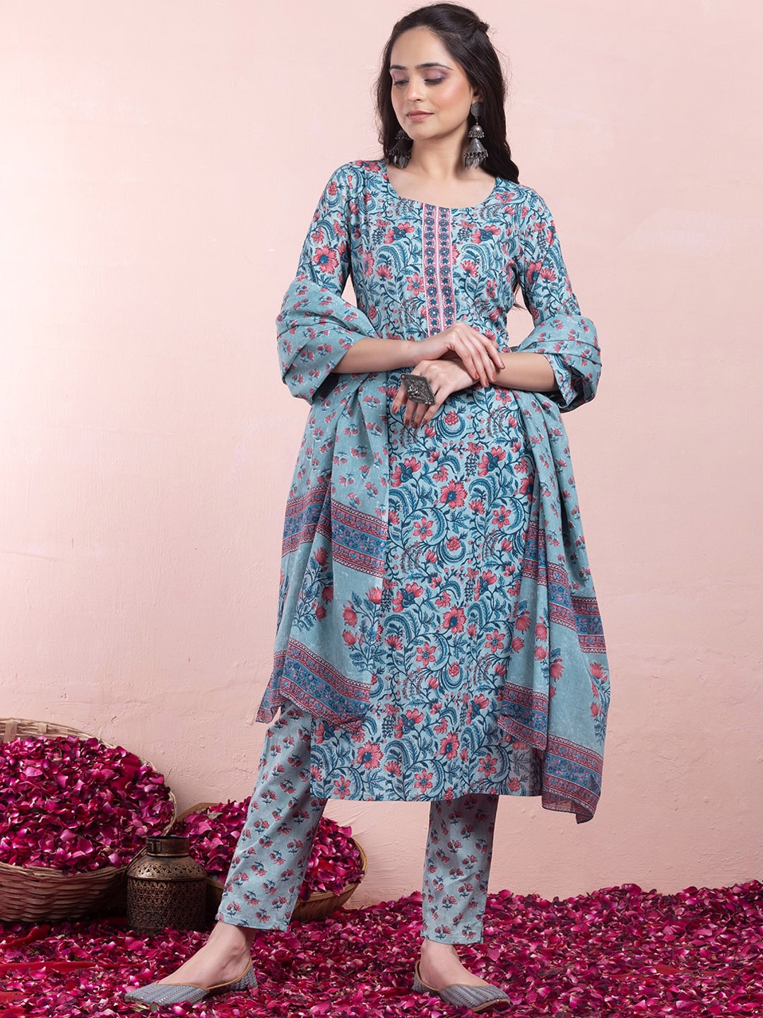 

INDYA Printed Pure Cotton Kurta With Trouser & Dupatta, Blue