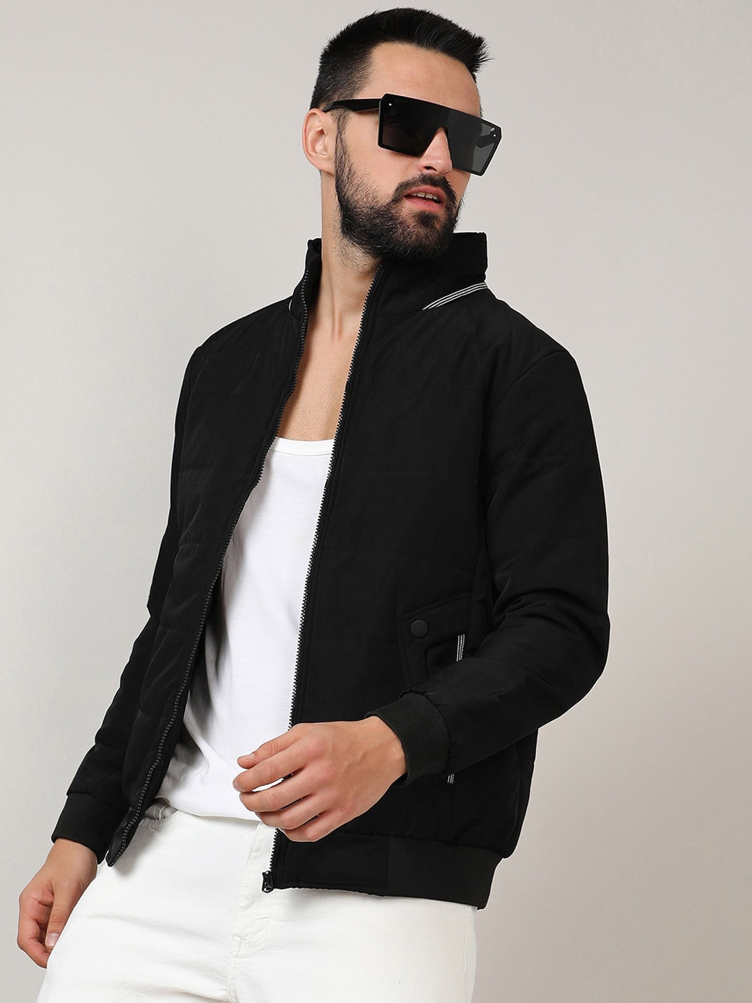 Campus Sutra Black Mock Collar Windcheater Bomber Jacket