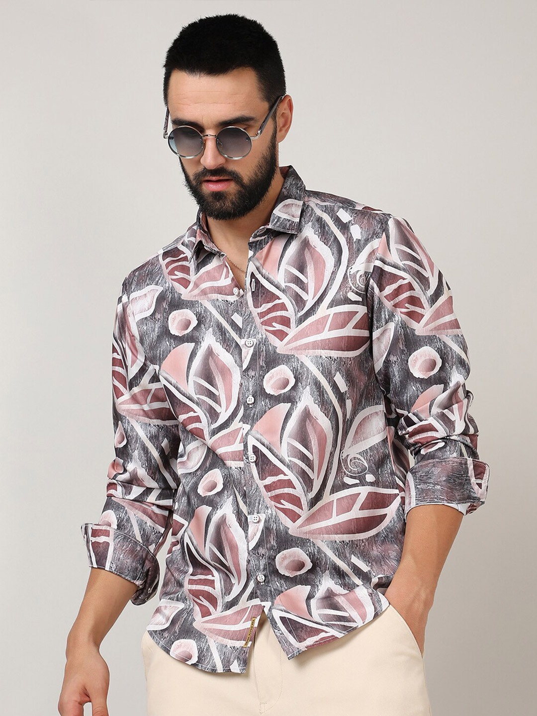 

Campus Sutra Grey Classic Ethnic Motifs Printed Spread Collar Casual Shirt