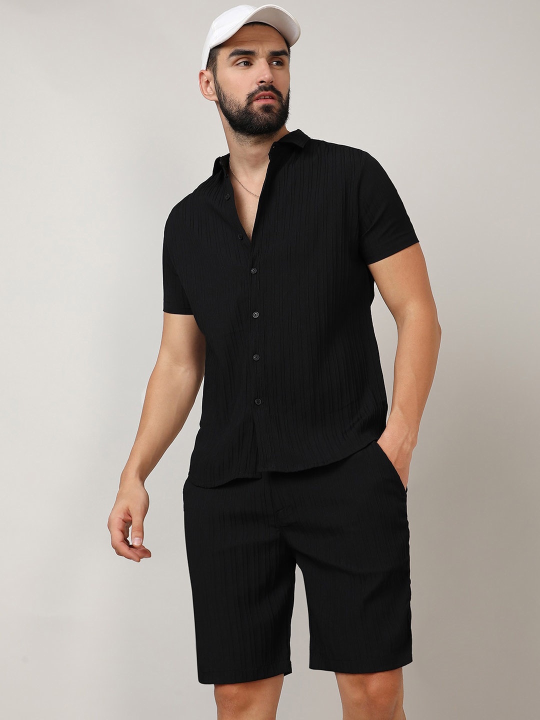 

Campus Sutra Black Striped Shirt Collar Shirt With Shorts