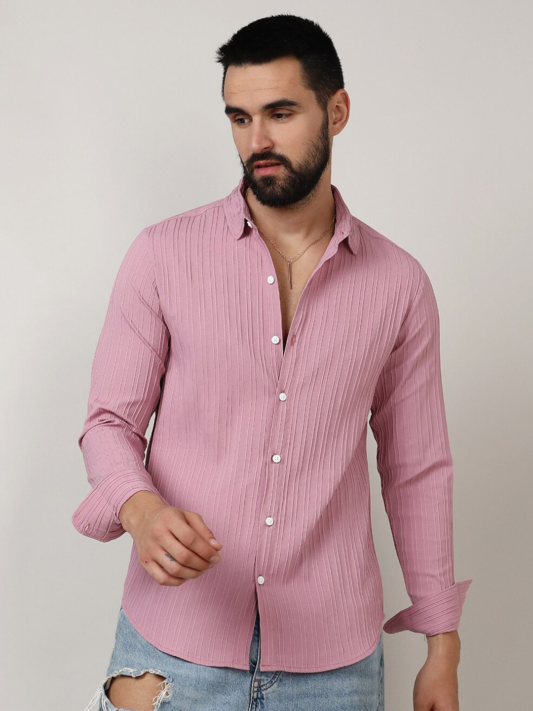 

Campus Sutra Self-Design Striped Shirt, Pink