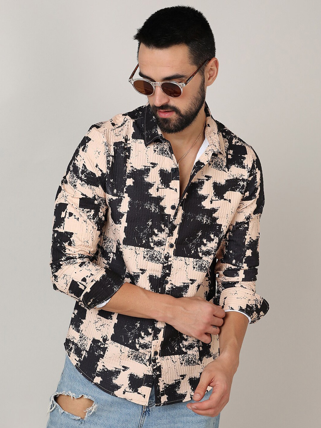 

Campus Sutra Beige Classic Abstract Printed Spread Collar Casual Shirt