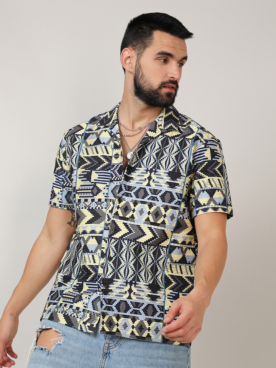 

Campus Sutra Yellow Classic Ethnic Motifs Printed Cuban Collar Casual Shirt