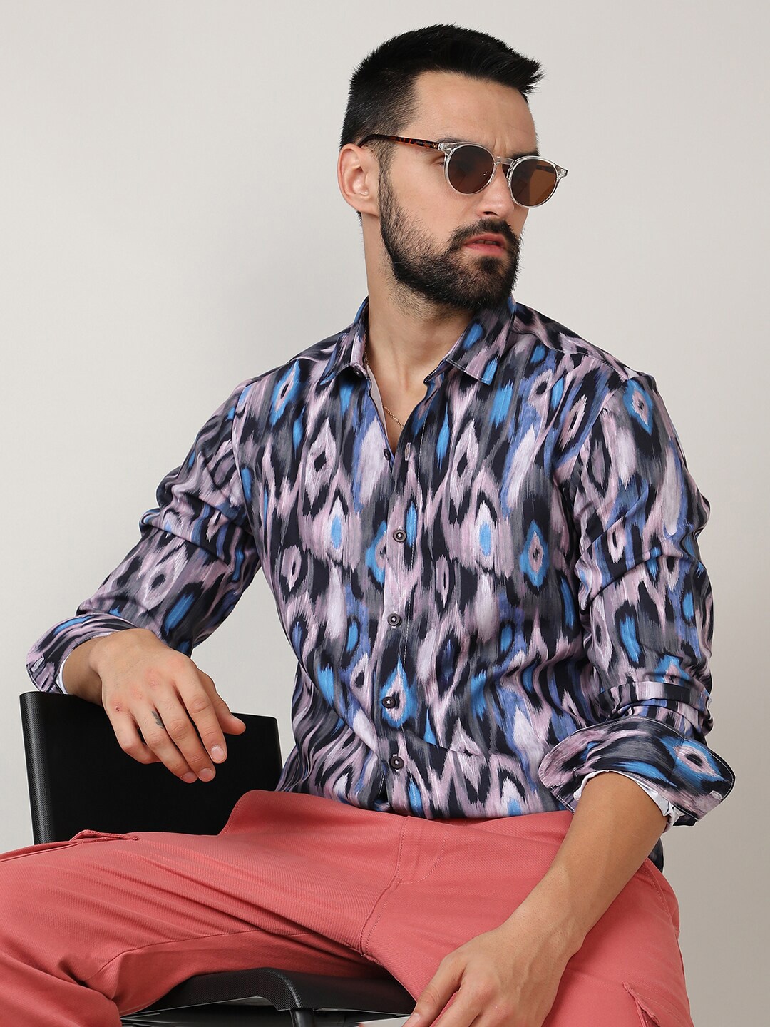 

Campus Sutra Blue Classic Ethnic Motifs Printed Spread Collar Casual Shirt