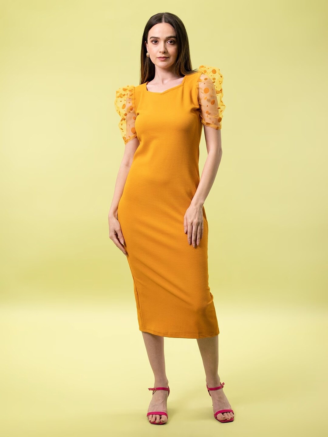 

BUY NEW TREND Puff Sleeve Bodycon Midi Dress, Yellow