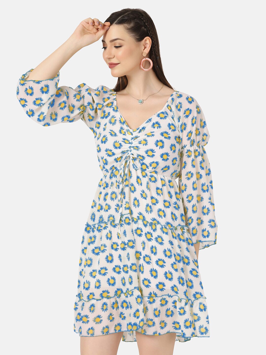 

BUY NEW TREND V-Neck Floral Print Puff Sleeve Georgette A-Line Dress, Blue