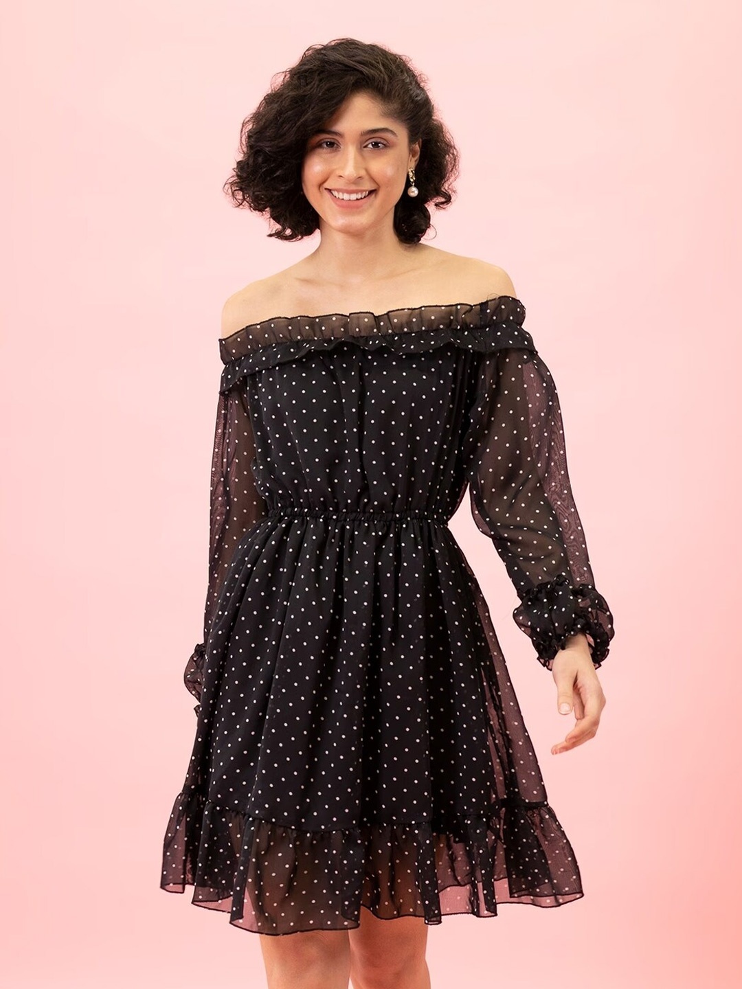 

BUY NEW TREND Polka Dot Printed Off-Shoulder Fit & Flare Above Knee Dress, Black