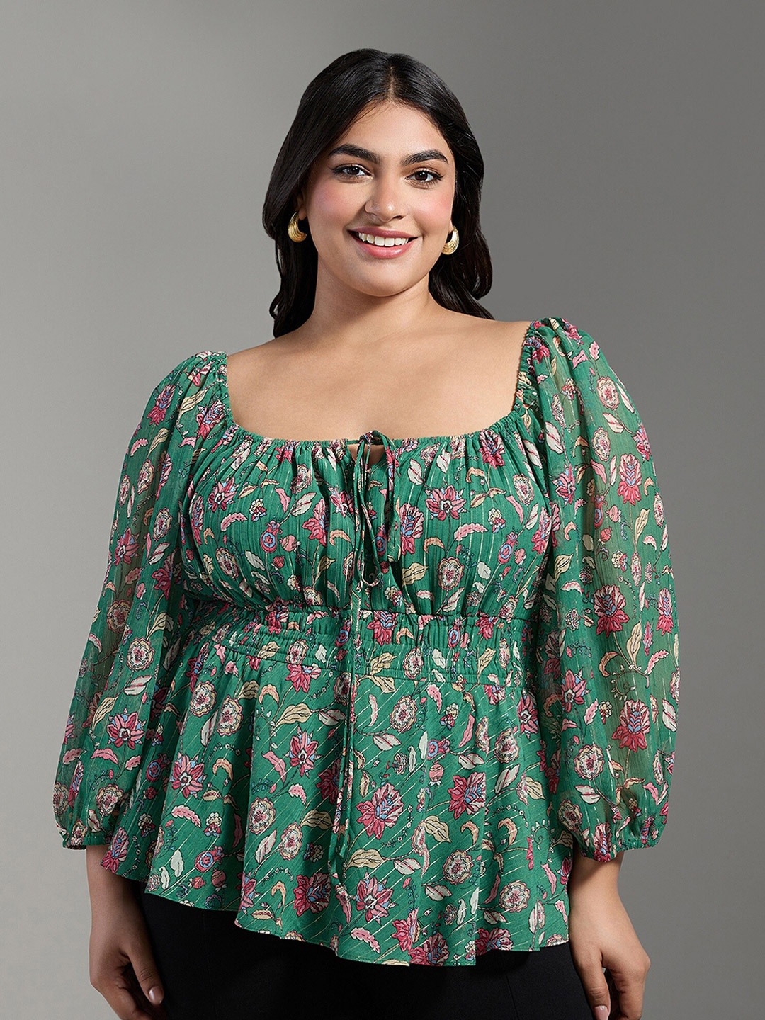 

20Dresses Plus Size Green Floral Print Square Neck Puff Sleeves Peplum Top