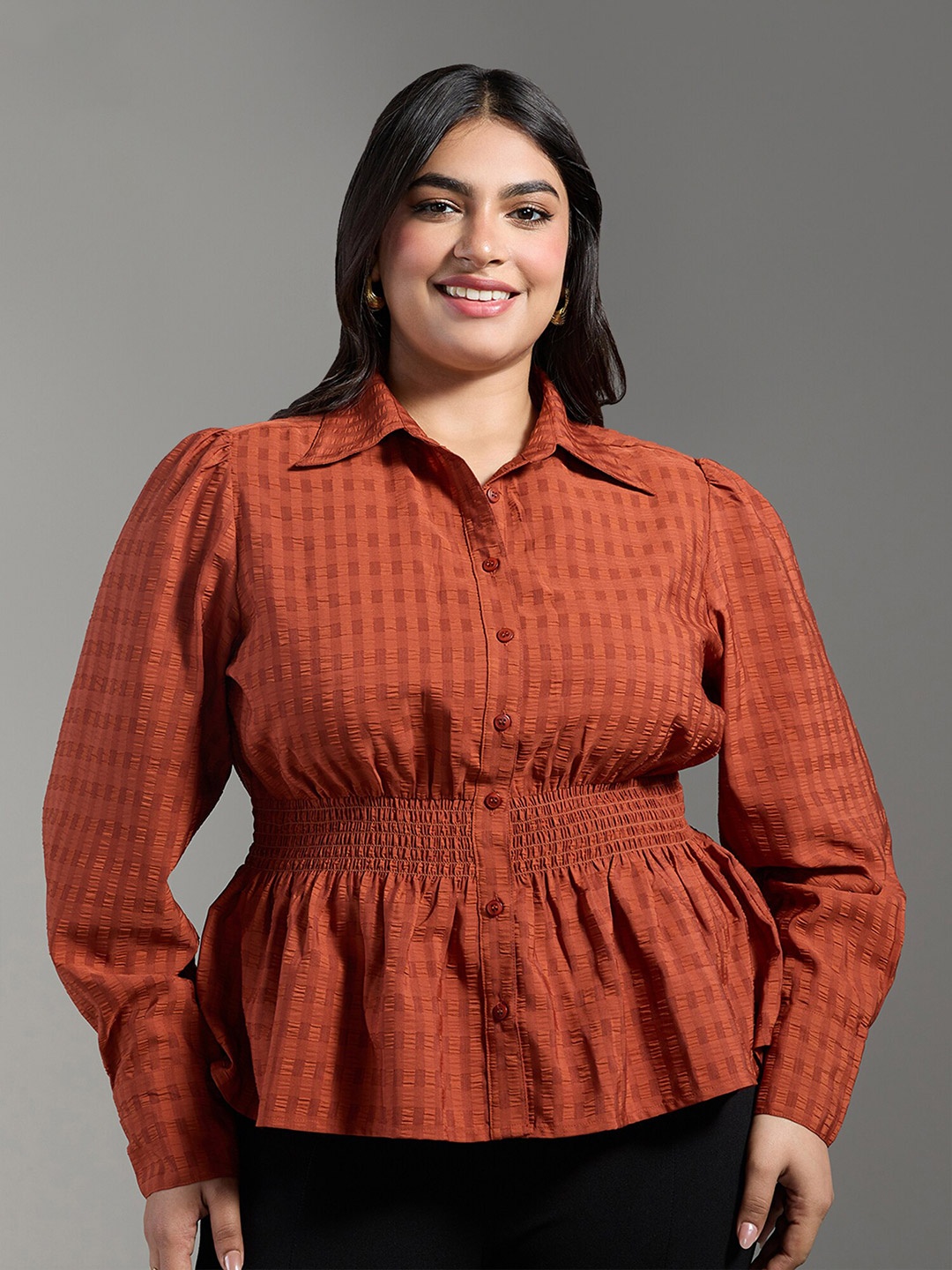 

20Dresses Plus Size Rust Opaque Checked Full Sleeves Peplum Casual Shirt