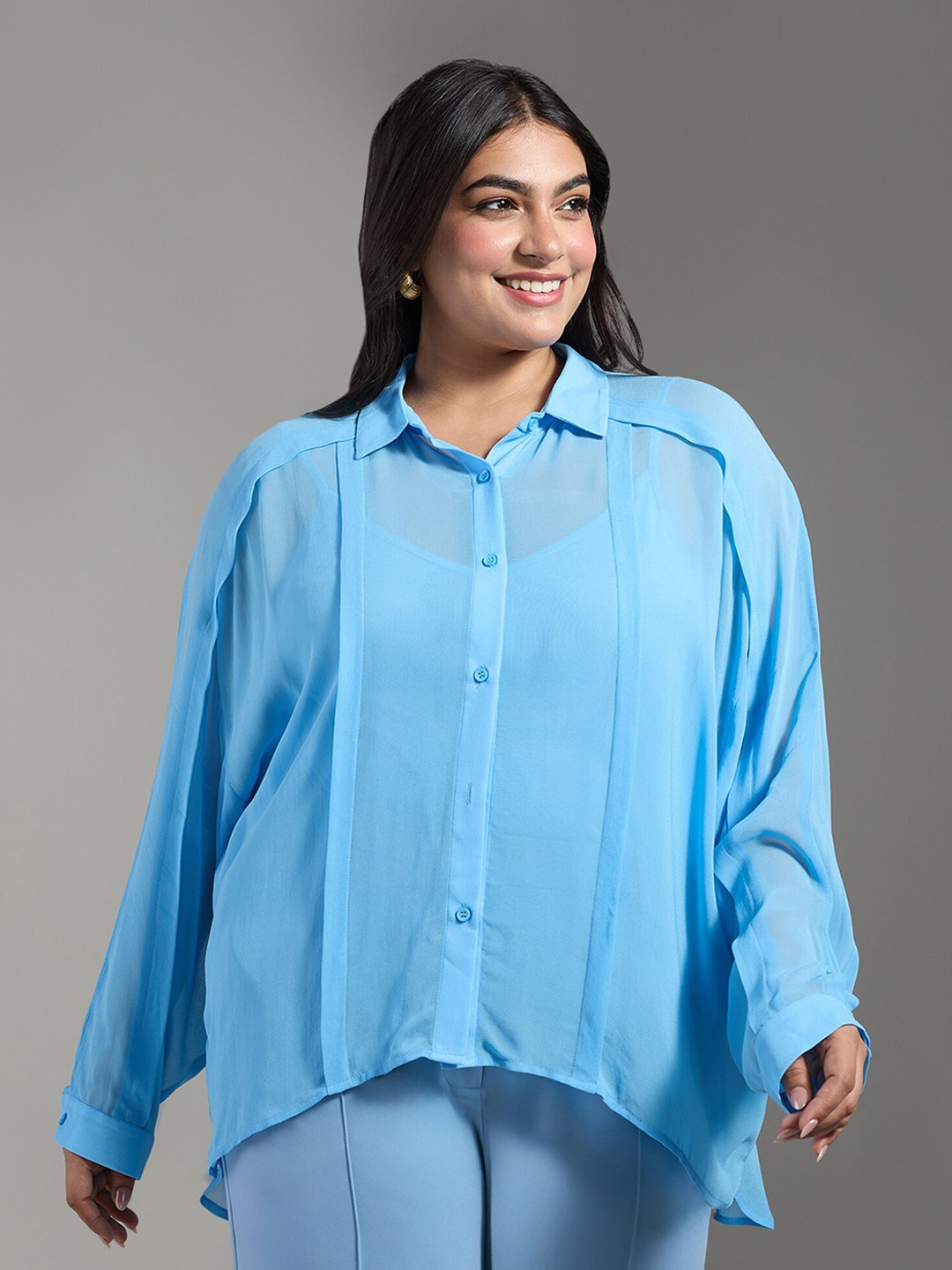 

20Dresses Plus Size Spread Collar Long Extended Sleeves Pleated Casual Shirt, Blue