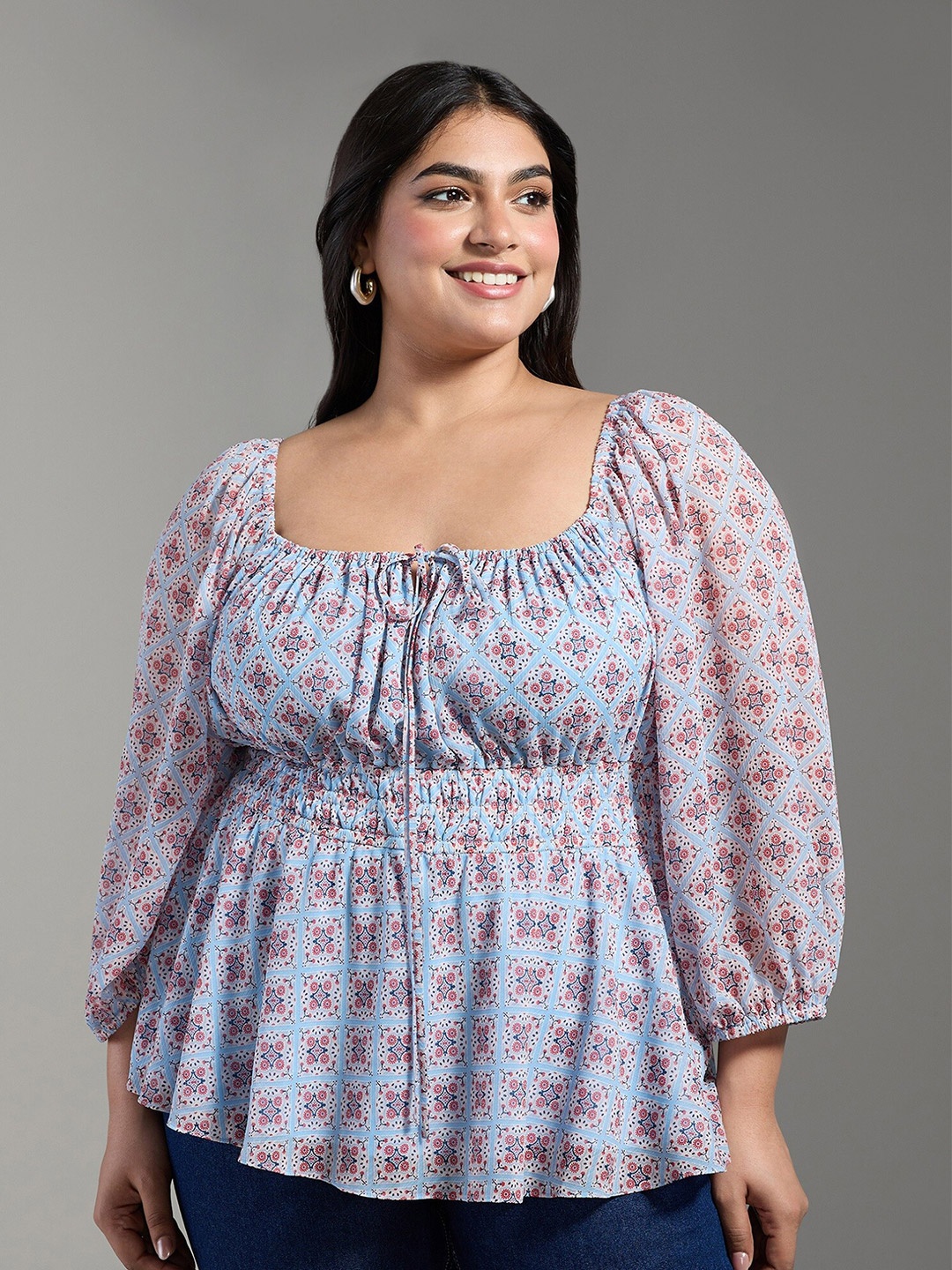 

20Dresses Plus Size Blue Ethnic Motifs Print Square Neck Puff Sleeves Peplum Top