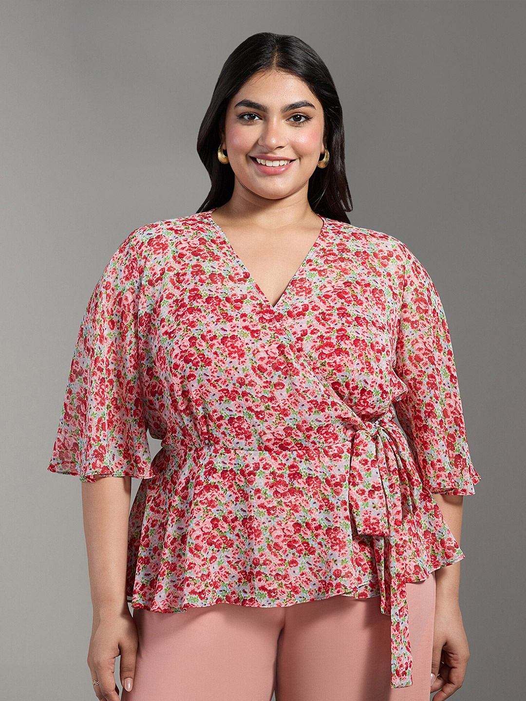 

20Dresses Plus Size Floral Print V-Neck Flared Sleeve Georgette Wrap Top, Red