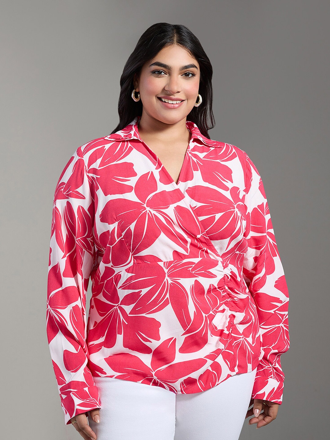 

20Dresses Plus Size Fuchsia Floral Print Shirt Collar Wrap Top