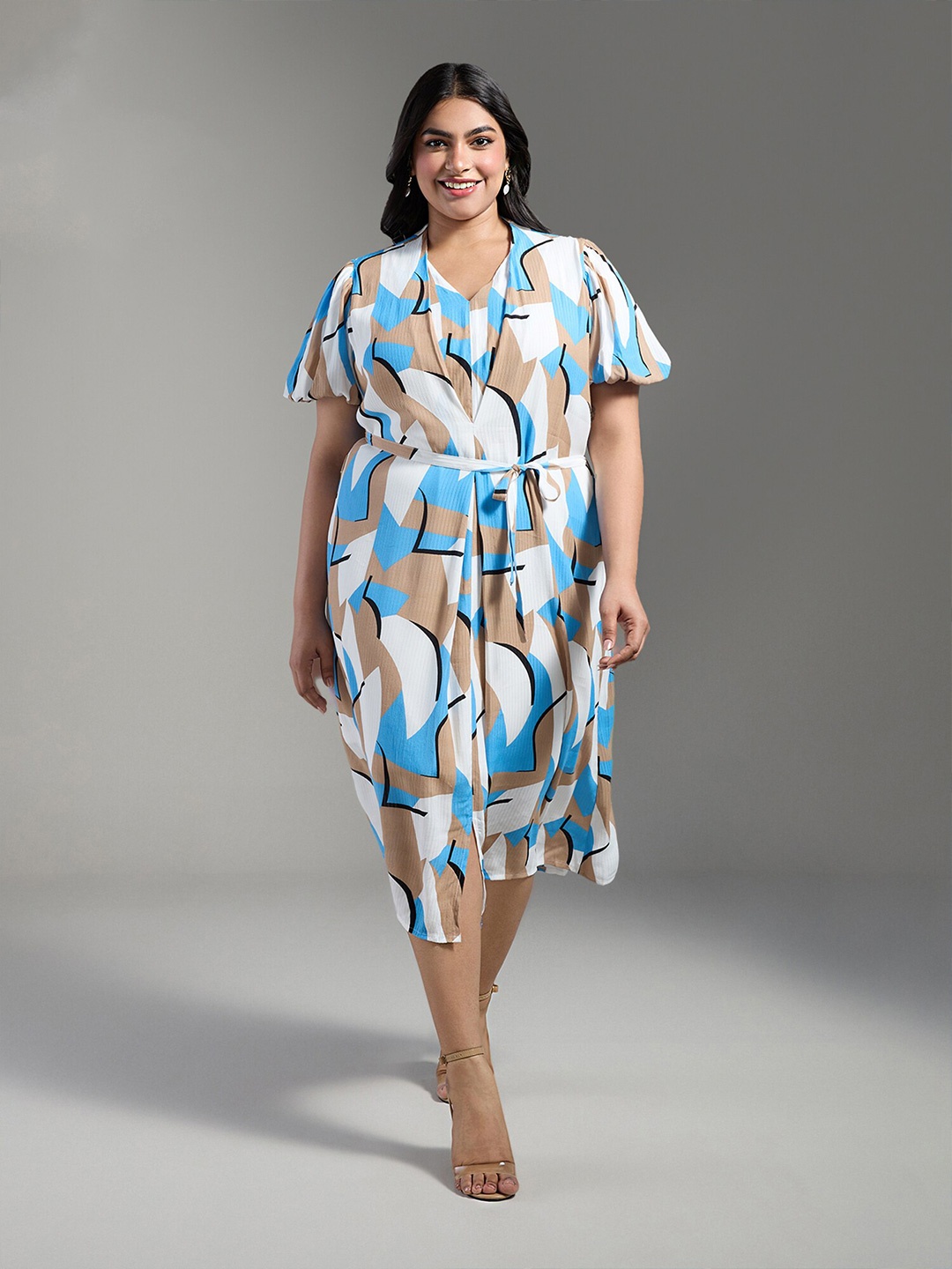 

20Dresses Plus Size Blue Abstract Printed V-Neck Puff Sleeve Belted A-Line Midi Dress