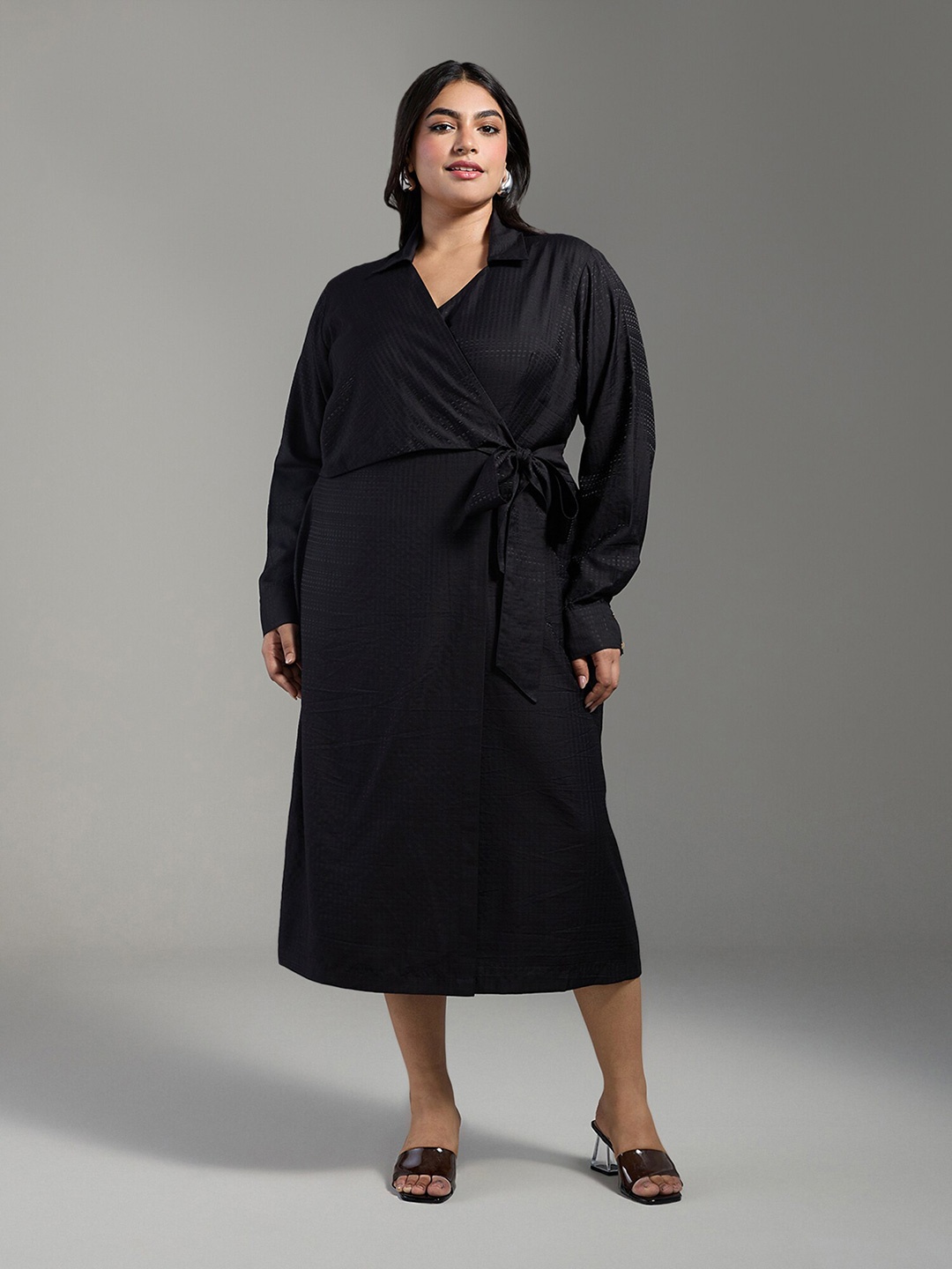 

20Dresses Plus Size Black Shirt Collar Cuffed Sleeves Tie-Ups Wrap Midi Dress