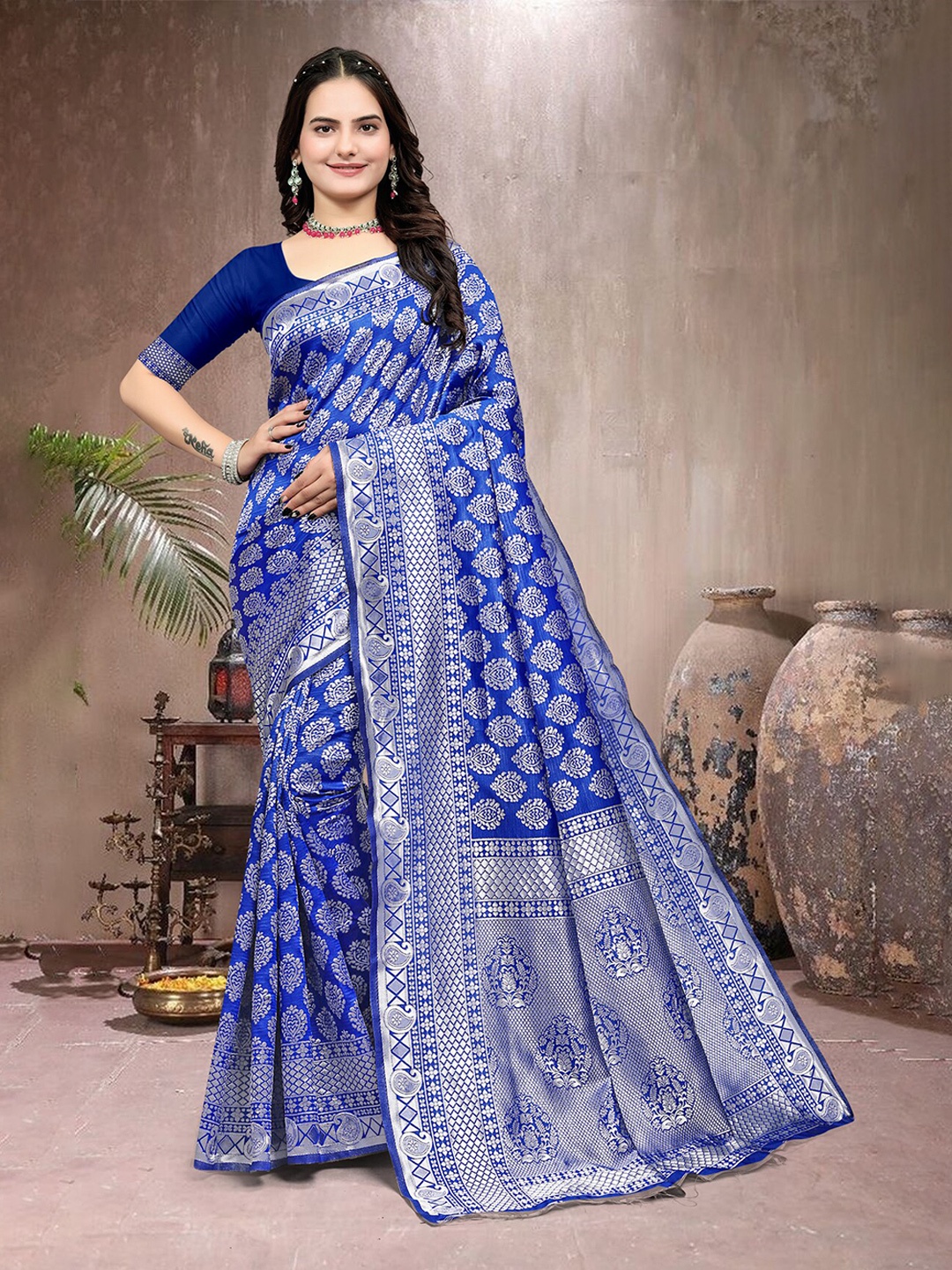 

Om Shantam Sarees Ethnic Motifs Woven Design Zari Banarasi Saree, Blue