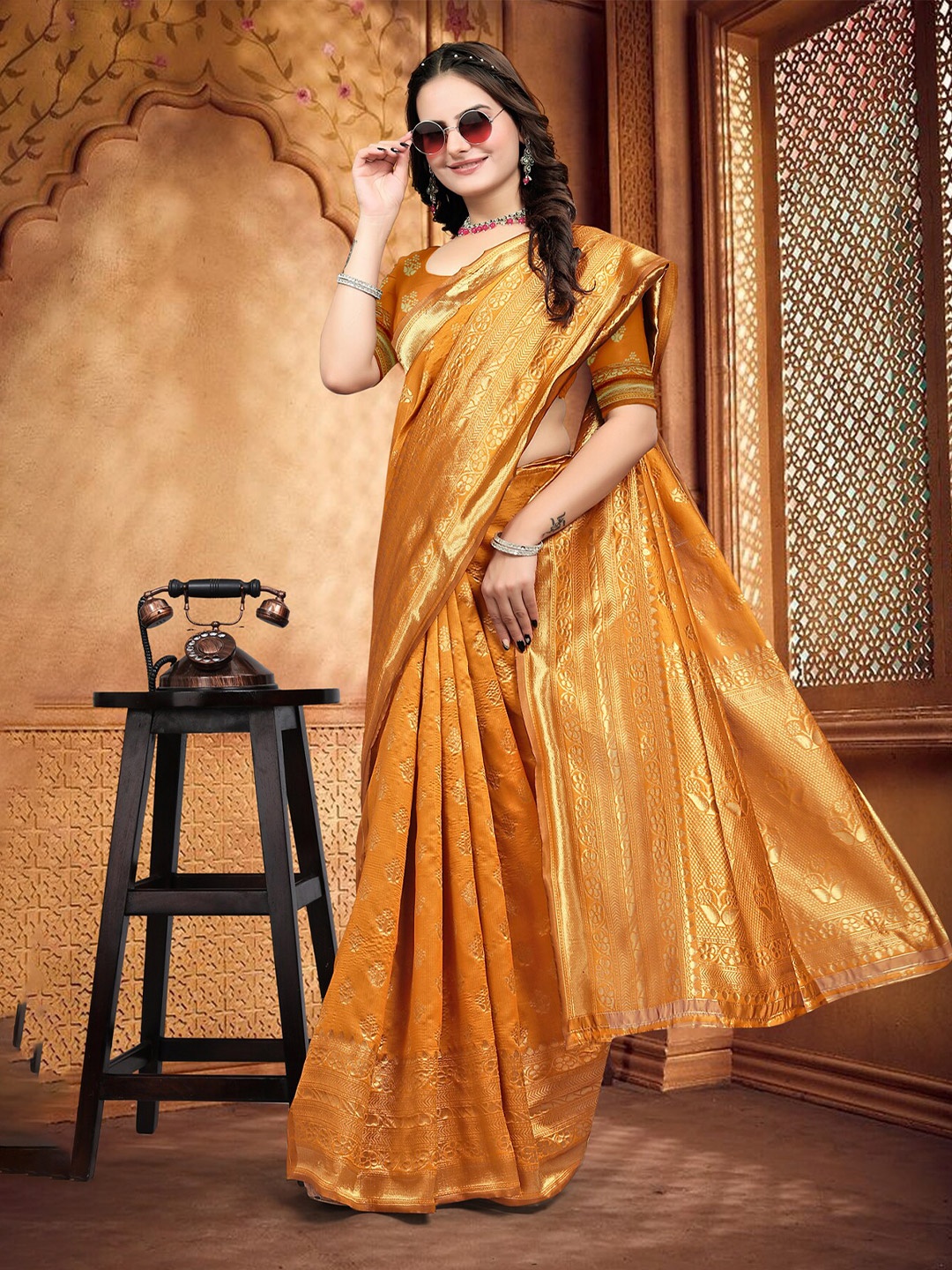 

Om Shantam Sarees Ethnic Motifs Woven Design Zari Banarasi Saree, Mustard