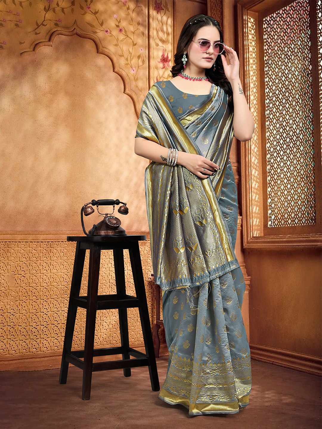 

Om Shantam Sarees Ethnic Motifs Woven Design Zari Banarasi Saree, Grey
