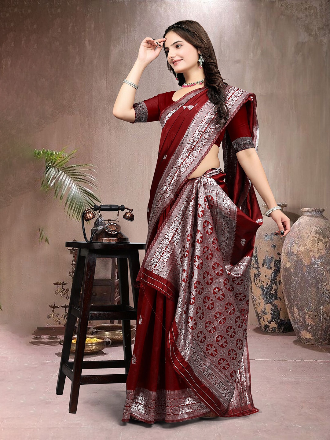 

Om Shantam Sarees Ethnic Motifs Woven Design Mysore Silk Saree, Maroon