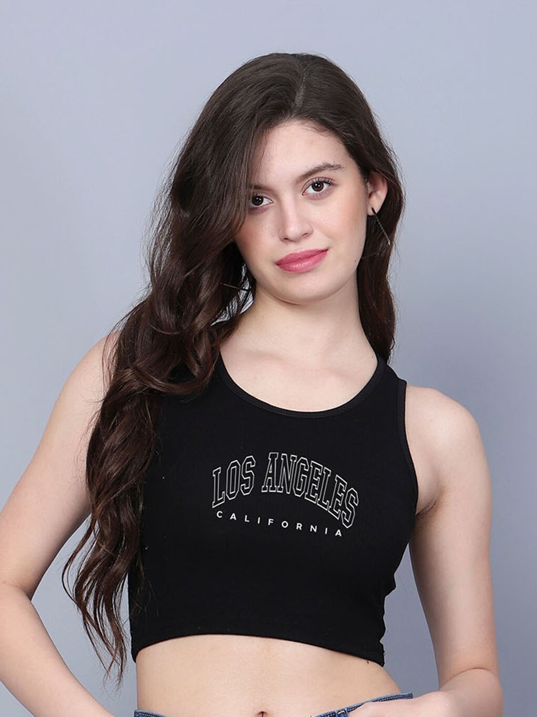 

Fashion And Youth Typography Printed Round Neck Fitted Crop Ribbed Top, Black
