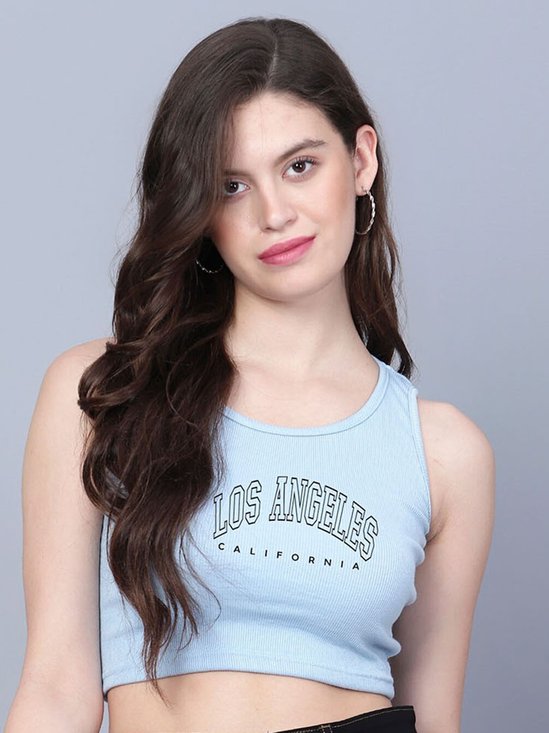 

Fashion And Youth Printed Round Neck Tank Crop Top, Blue