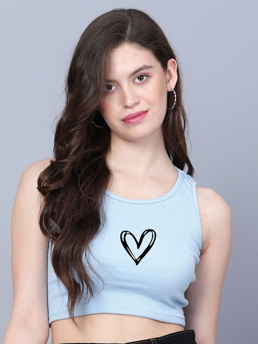 

Fashion And Youth Graphic Printed Round Neck Sleeveless Crop Top, Turquoise blue
