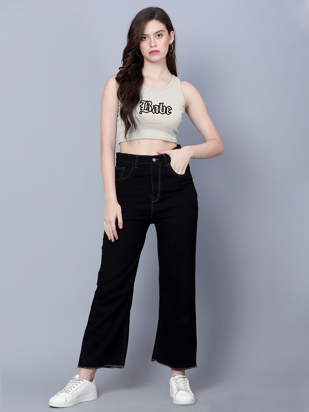 

Fashion And Youth Typography Printed Round Neck Rib Crop Top, Beige