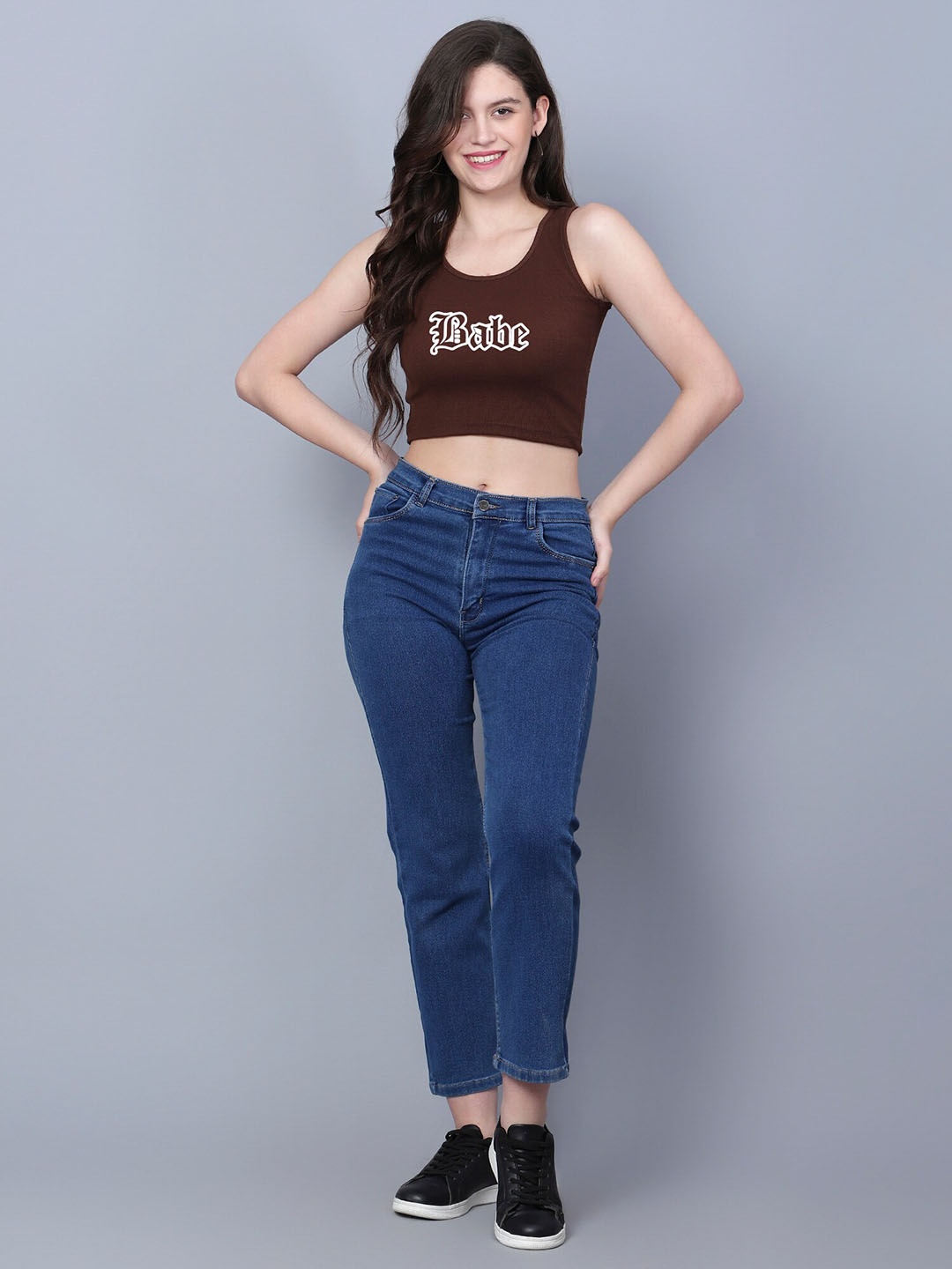 

Fashion And Youth Typography Print Fitted Crop Top, Coffee brown