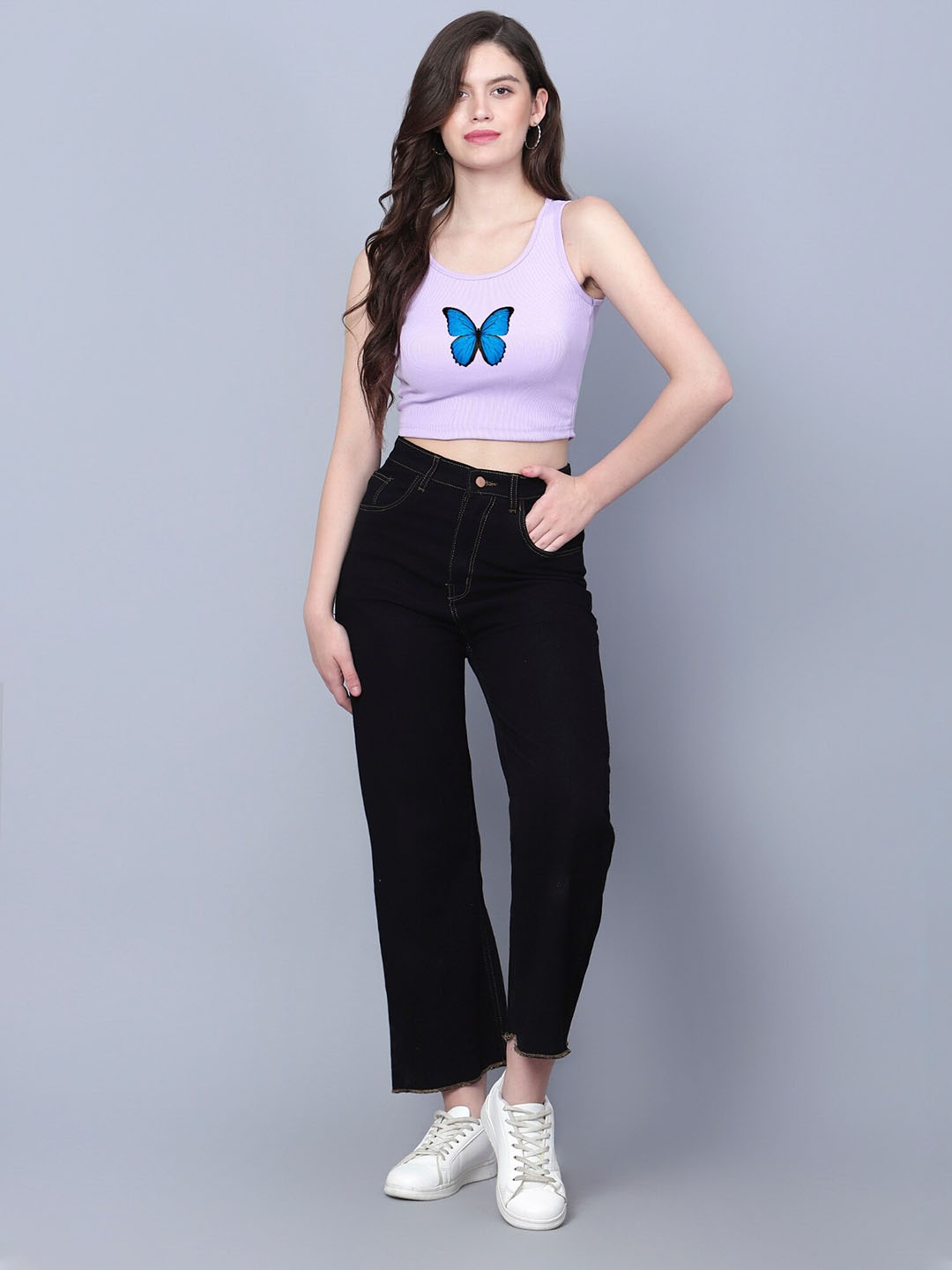 

Fashion And Youth ButterFly Graphic Printed Round Neck Rib Top, Lavender