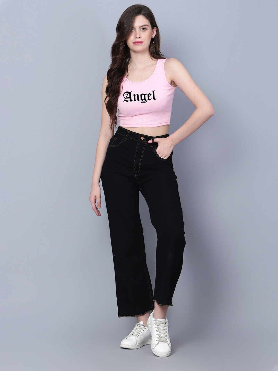 

Fashion And Youth Typography Printed Sleeveless Cotton Fitted Crop Top, Pink