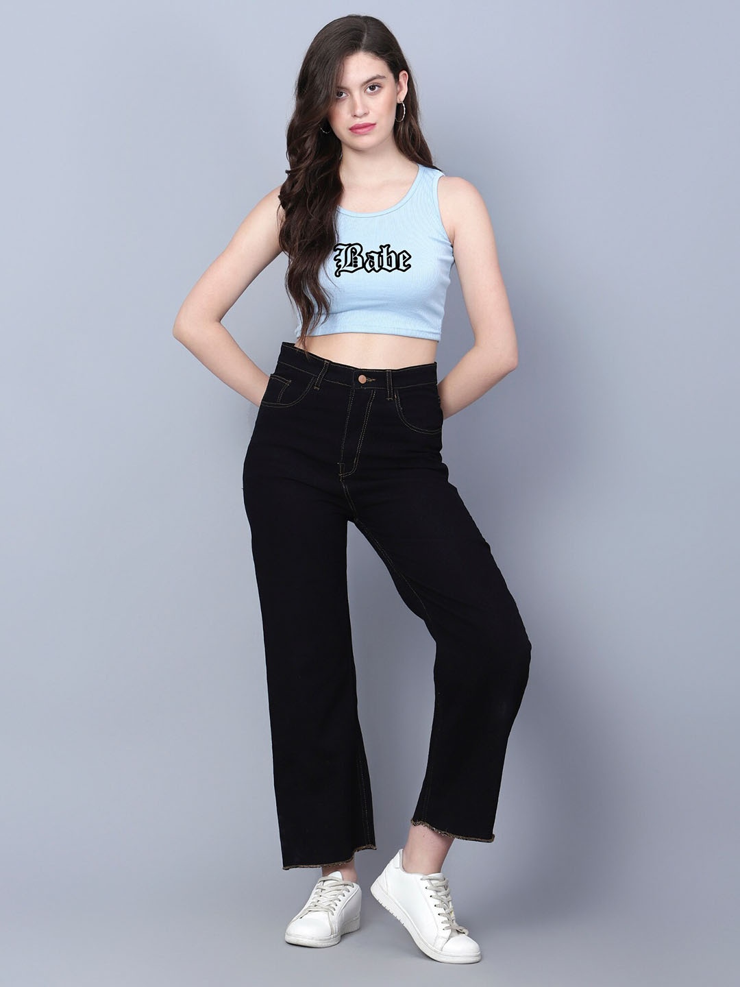 

Fashion And Youth Typography Printed Round Neck Rib Top, Turquoise blue
