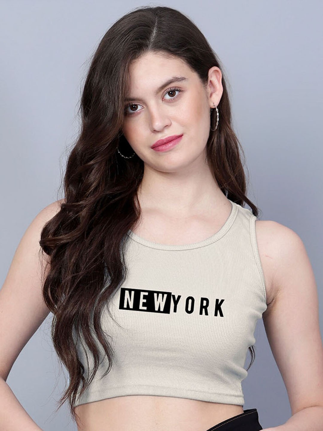 

Fashion And Youth Typography Print Round Neck Fitted Crop Top, Beige