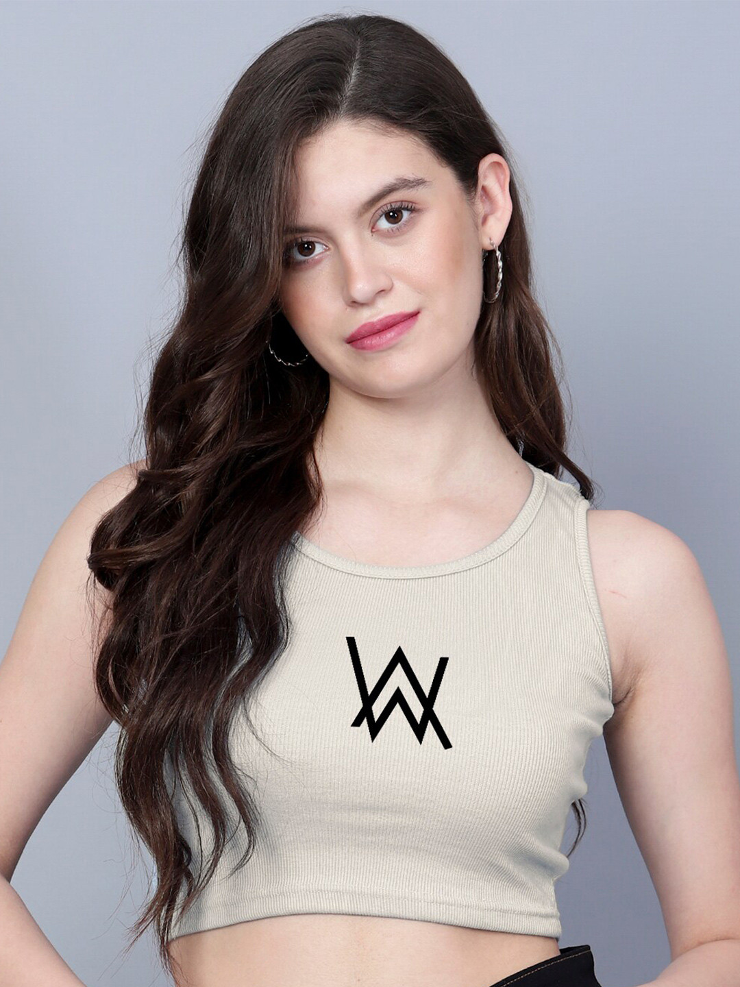 

Fashion And Youth Graphic Printed Round Neck Sleeveless Fitted Crop Top, Beige