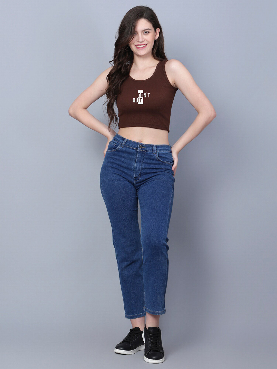 

Fashion And Youth Typography Printed Round Neck Tank Crop Top, Coffee brown