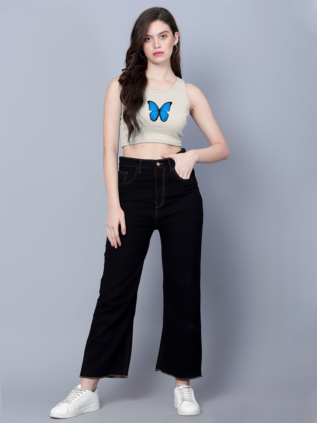 

Fashion And Youth Graphic Printed Round Neck Rib Crop Top, Beige
