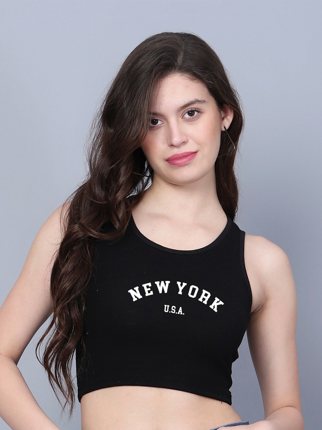 

Fashion And Youth Typography Printed Crop Fitted Top, Black