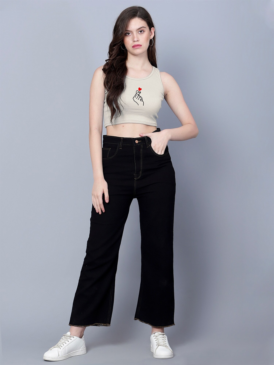 

Fashion And Youth Conversational Printed Sleeveless Fitted Crop Top, Beige