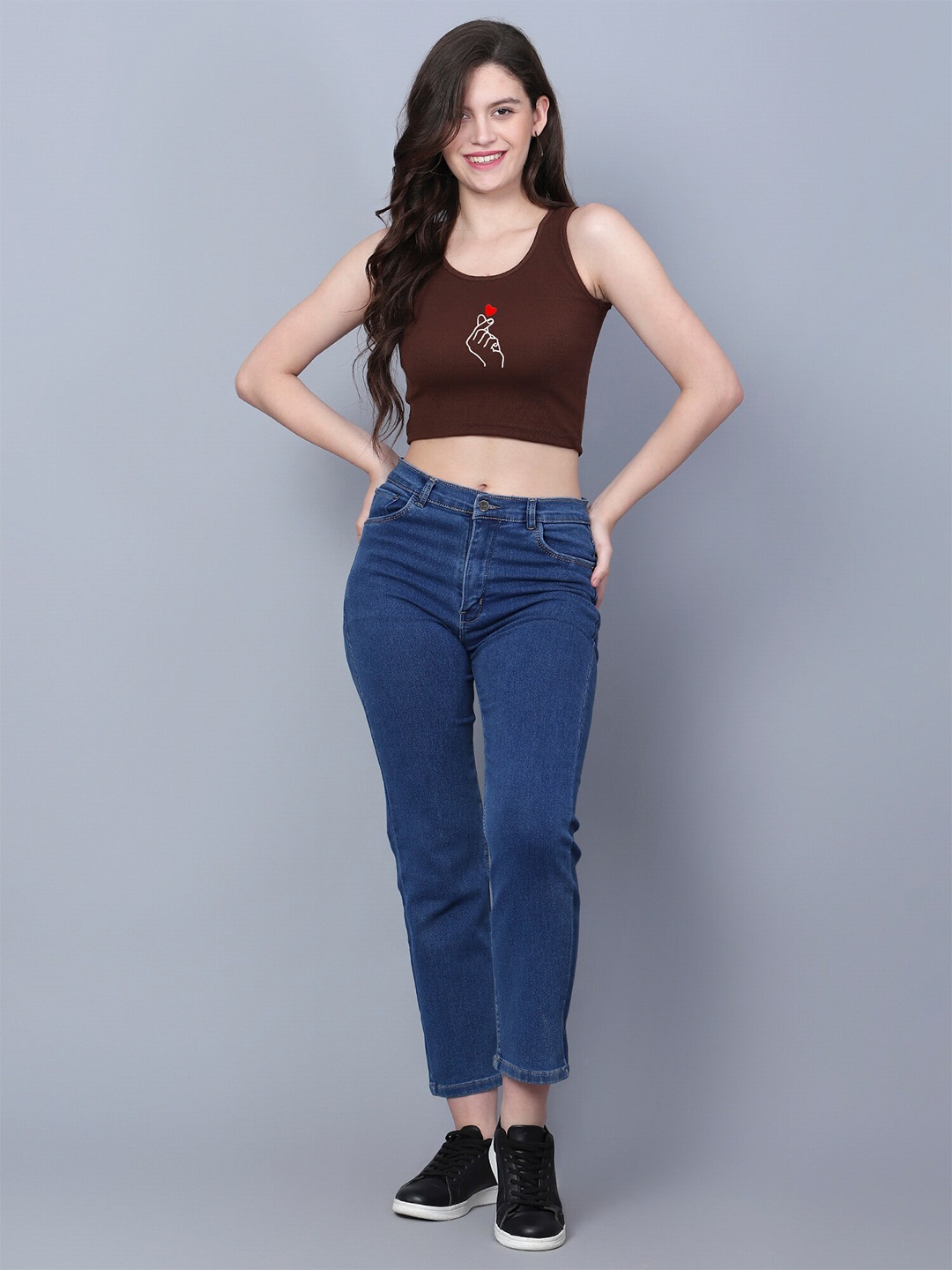 

Fashion And Youth Conversational Printed Sleeveless Fitted Crop Top, Coffee brown