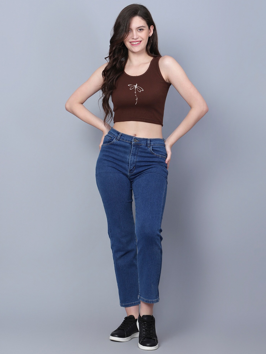 

Fashion And Youth Printed Round Neck Tank Crop Top, Coffee brown