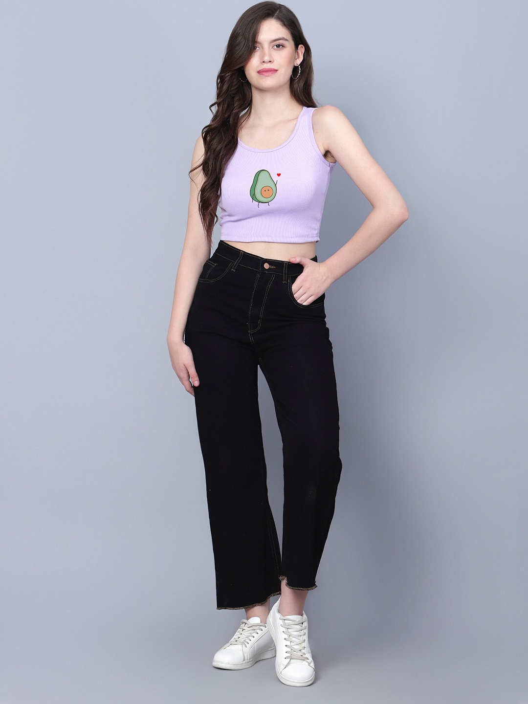 

Fashion And Youth Graphic Printed Round Neck Sleeveless Crop Top, Lavender