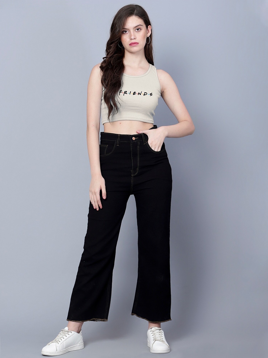 

Fashion And Youth Graphic Printed Round Neck Rib Crop Top, Beige