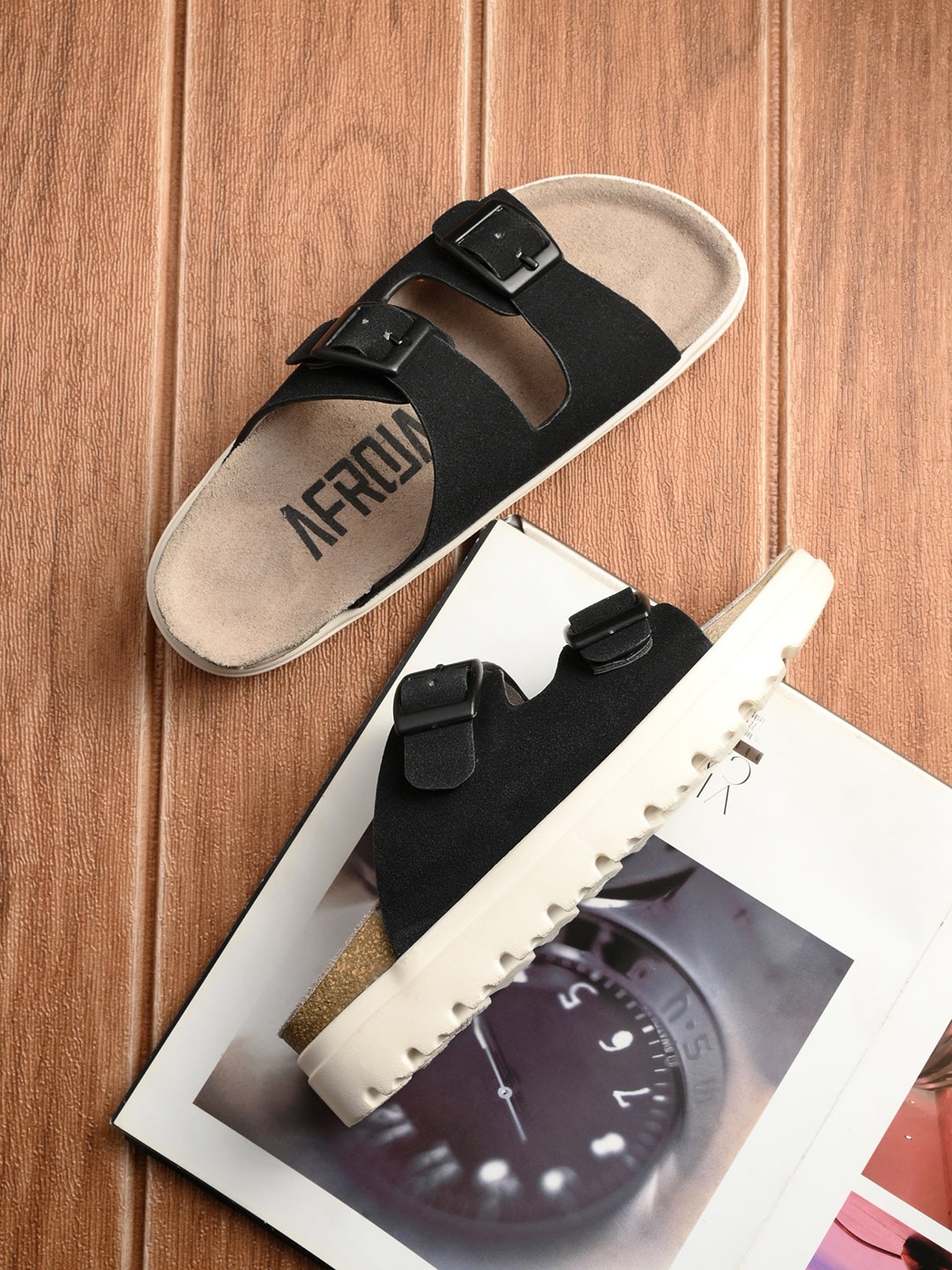 

AfroJack Buckle Detailed Suede Open Toe Flats, Black