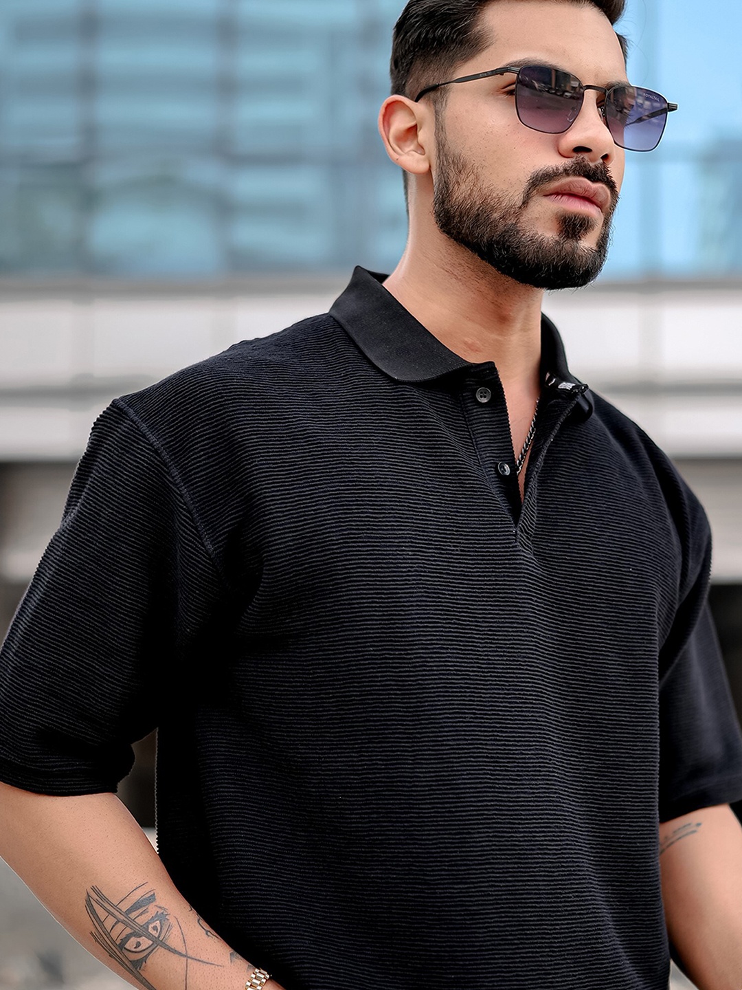

Maniac Polo Collar Cotton Oversized Casual T-shirt, Black