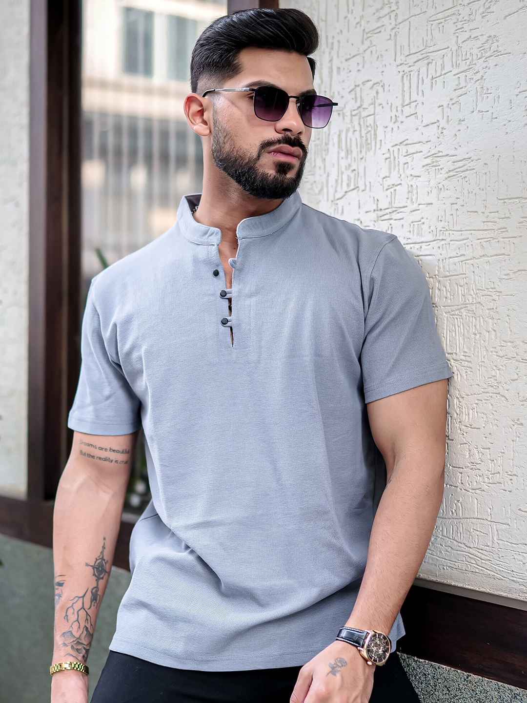 

Maniac Henley Neck Cotton Slim Fit T-shirt, Grey
